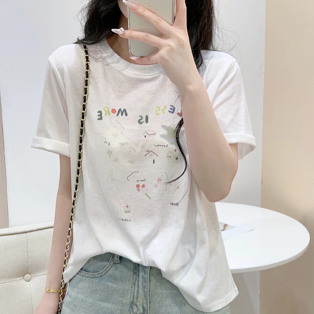雪花棉女士夏季薄款宽松圆领短袖印花涂鸦简约T恤休闲洋气体恤衫