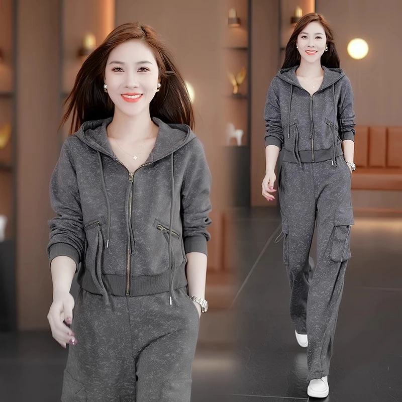 灰色休闲卫衣外套工装阔腿裤两件套女春秋新款洋气运动服时尚套装