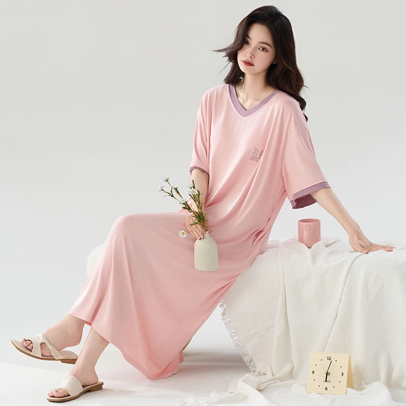 莫代尔睡裙女夏季短袖长裙薄款冰丝凉感睡衣宽松加大码胖mm家居服