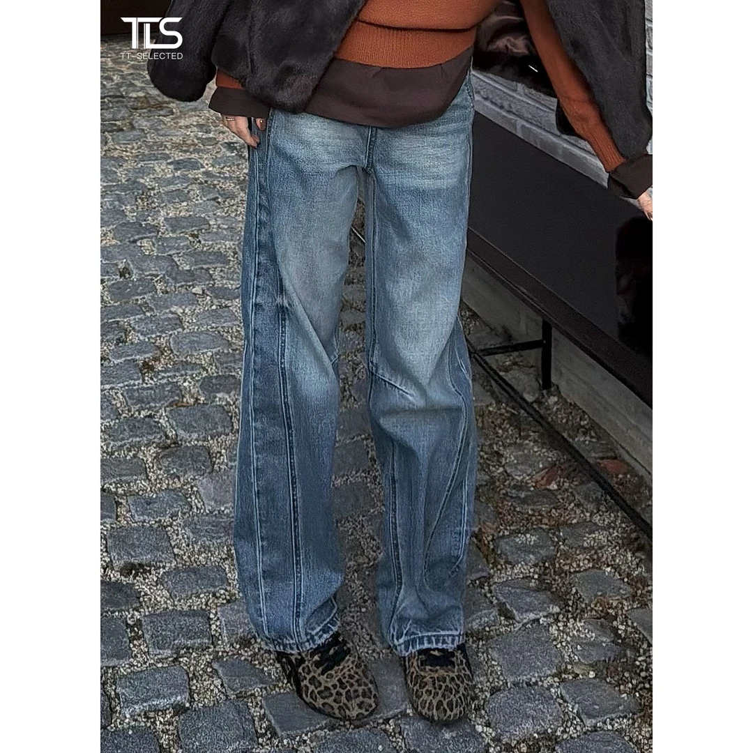 TT【韩国牛仔】重磅棉加厚磨毛做旧复古切线宽松弧线牛仔裤CK5183