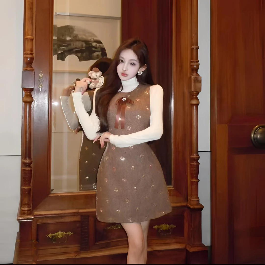 【现货】秋冬新款【鎏金比利弗】小香气质名媛打底背心连衣裙时尚套装