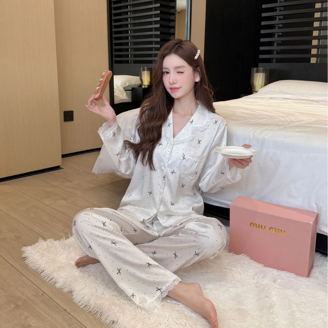 新款高级感冰雪丝睡衣女士薄款波点蝴蝶结提花长袖长裤家居服套装