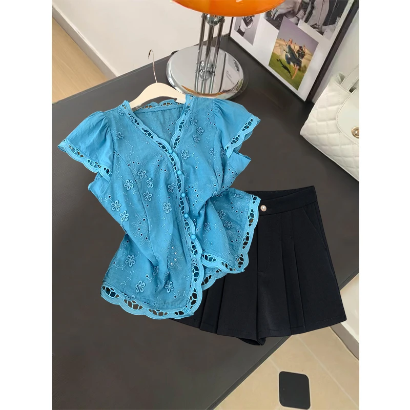 【现货】今年流行一整套女2025夏季新款气质洋气镂空衬衫裙裤两件套