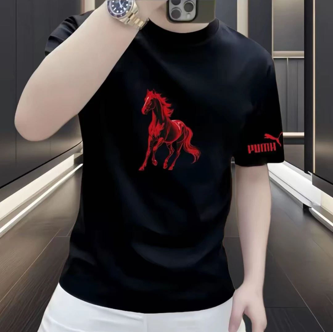 2026新春马年印花国风圆领纯棉百搭红色男士短袖T恤ins高级设计感