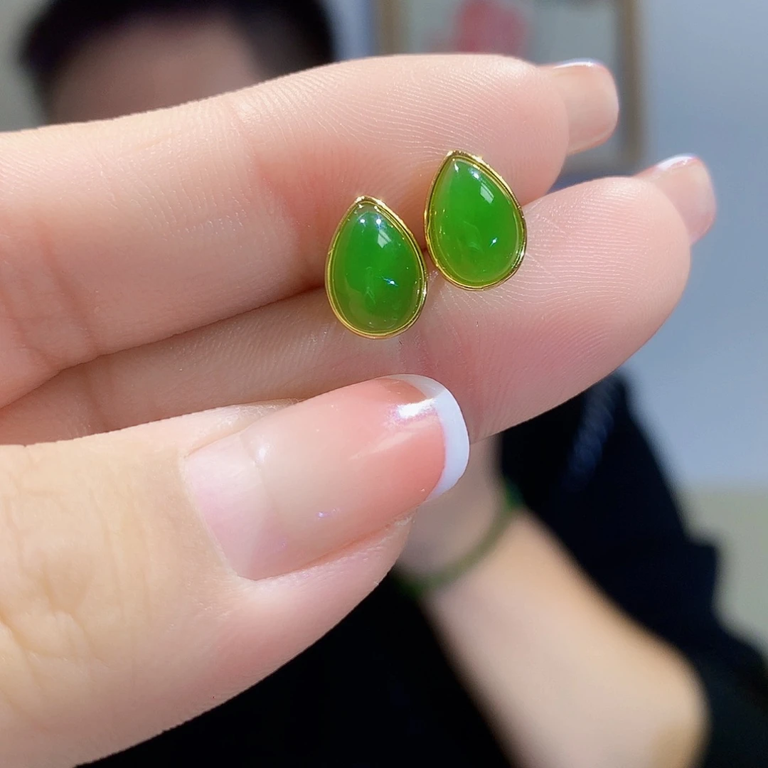 和田玉（碧玉）耳饰银S925镀金镶嵌