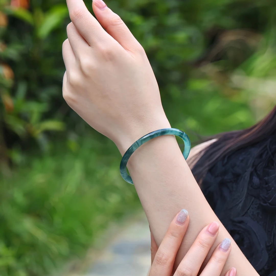 冰种飘花天然A货翡翠手镯春色美人条女多样性发/单只  KBR0710100