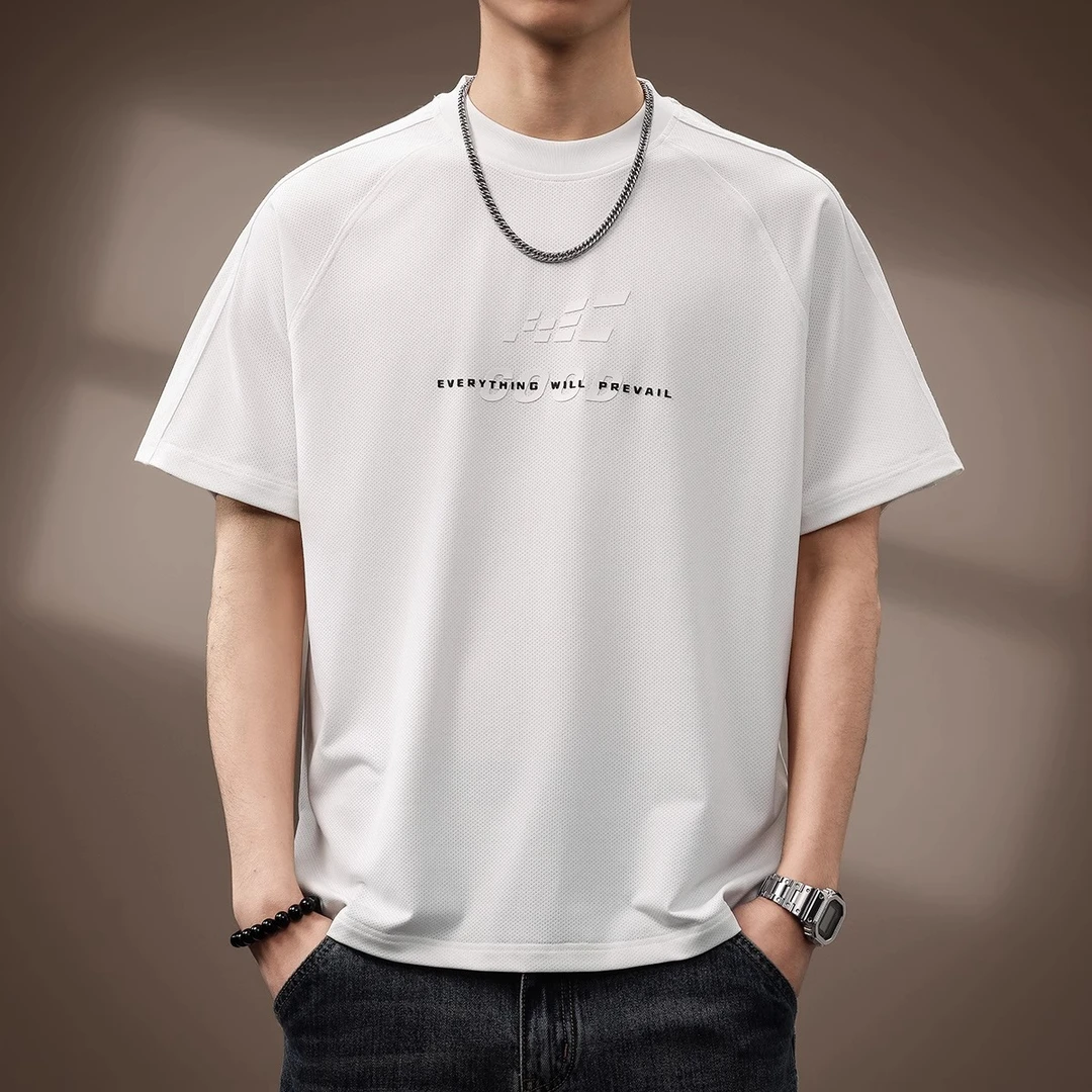 Leekody高端美式运动冰丝凉感印花短袖T恤男夏季宽松网面透气半袖