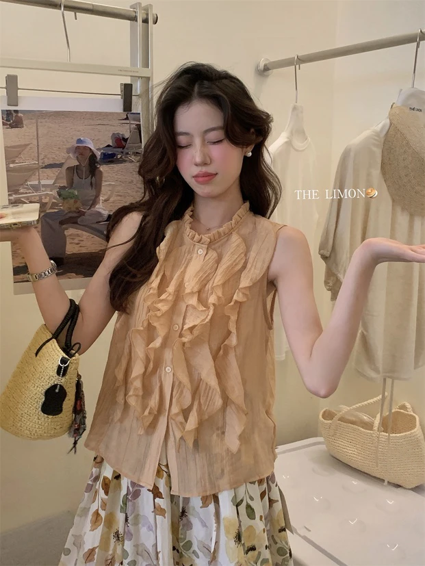 韩版洋气木耳边无袖宽松温柔衬衫上衣#8735