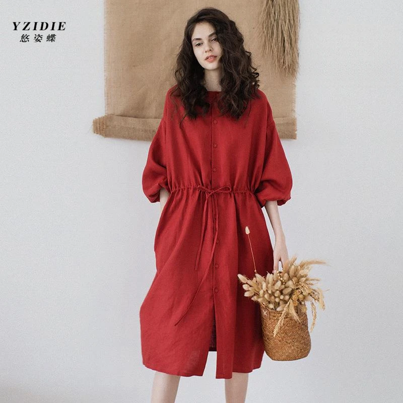 复古风红色夏季新款五分袖中长圆领棉麻材质洋气女式连衣裙显瘦