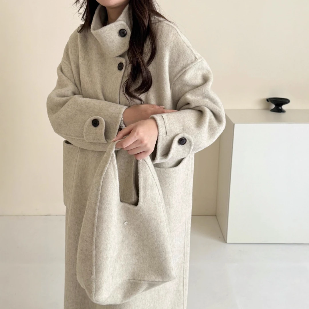 手提包立领单排扣双面羊毛大衣新款秋冬长款加厚毛呢外套加厚小众