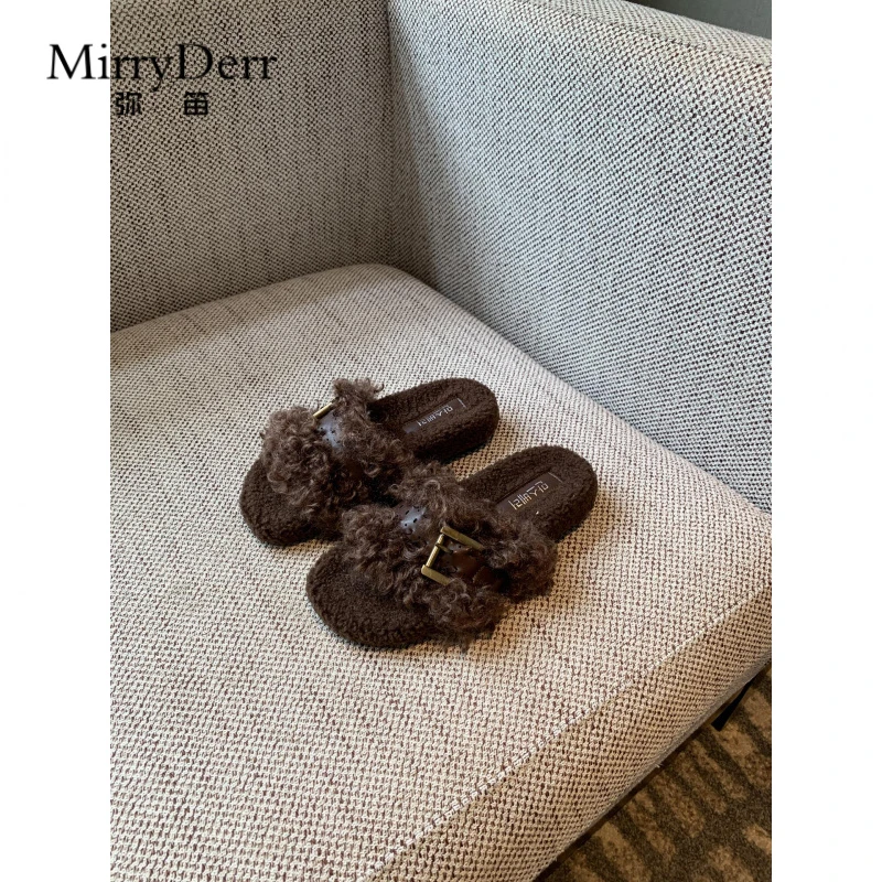 弥笛咖色毛毛拖鞋女外穿3.5CM厚底秋冬增高居家平底棉拖一字拖