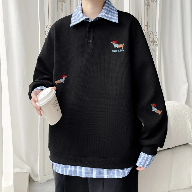 更凡美式复古腊肠狗刺绣假两件卫衣男款春秋潮流polo衫百搭上衣