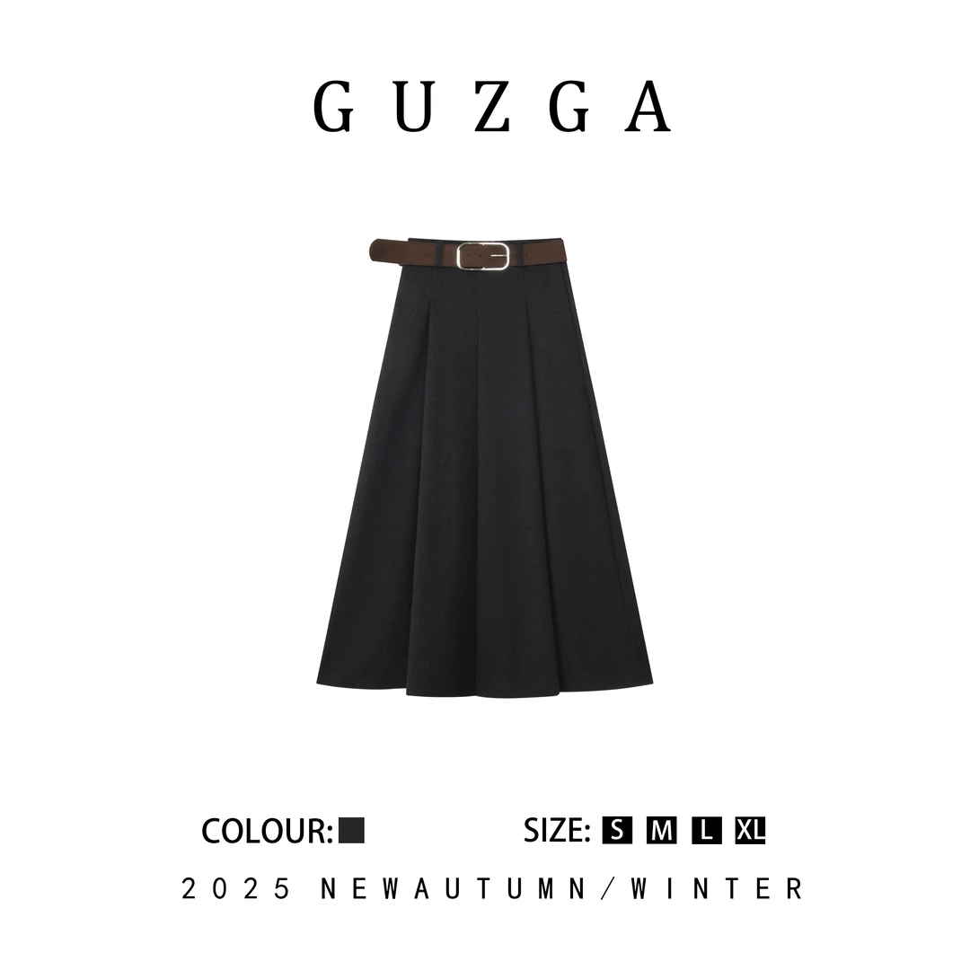 GUZGA【高贵典雅】2025秋冬黑色高腰百褶半身裙女建议舒适时尚休闲