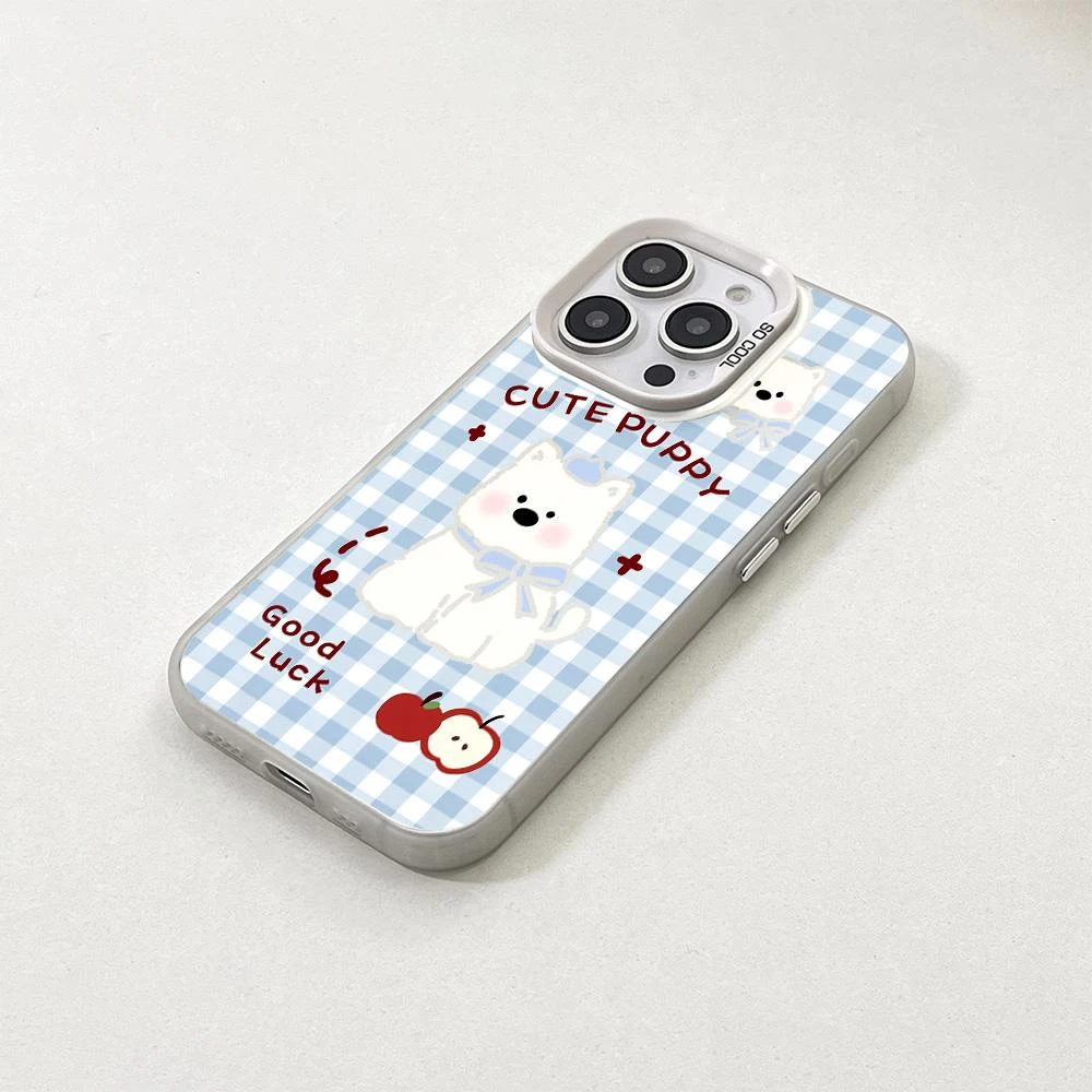 奥菲顿蓝格纹苹果小狗适用iPhone16/15苹果14/13元气手机硬壳12套