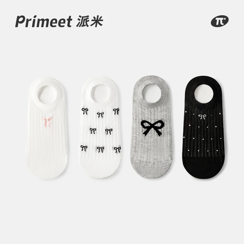 primeet/派米夏季薄款格雷系蝴蝶结网眼隐形船袜女硅胶防滑不掉跟