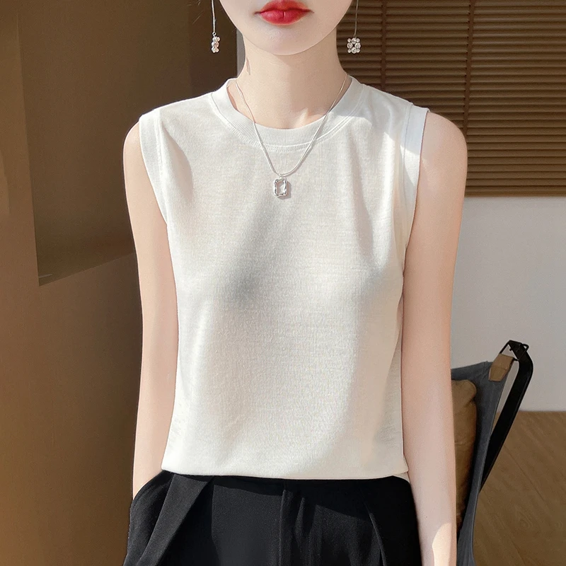 修身无袖背心打底丝滑纯色极简风圆领RW-M06