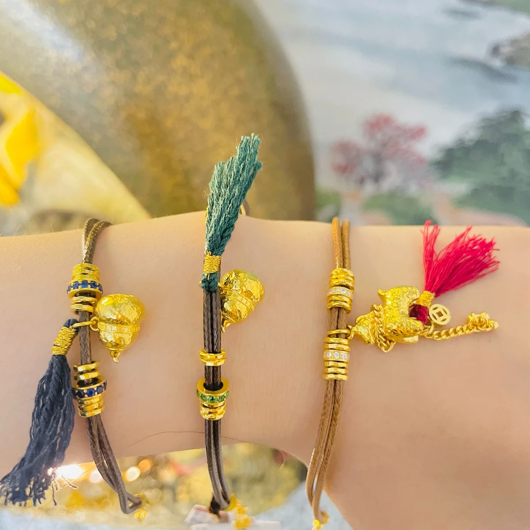 足金999 古法精品工艺锤纹葫芦黄金手绳手链（多样性发一件）