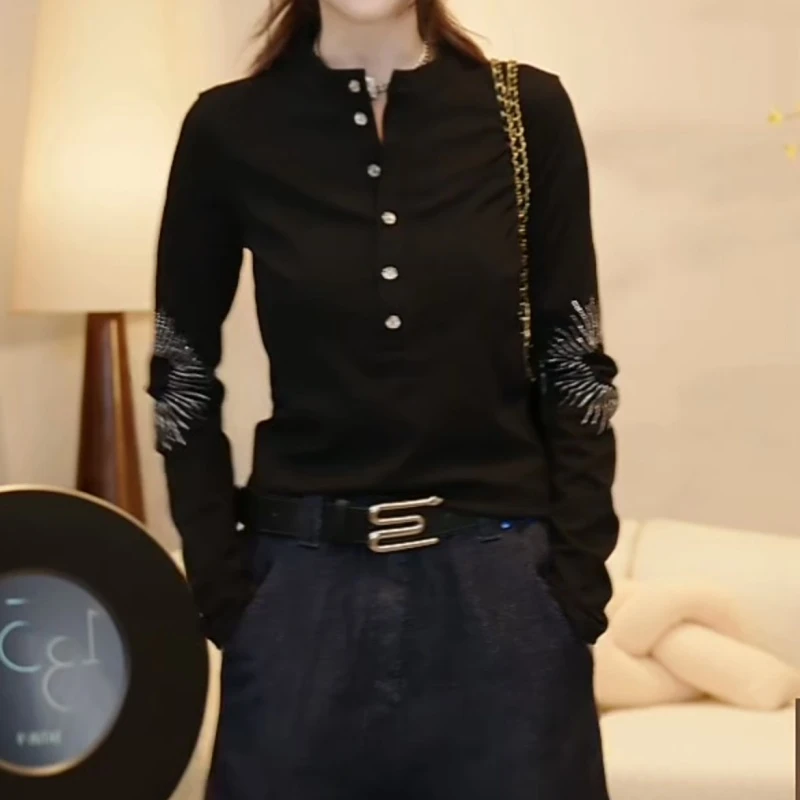 『巴黎之夜』秋季设计师极简风高定烫钻长袖T恤上衣LK2505599