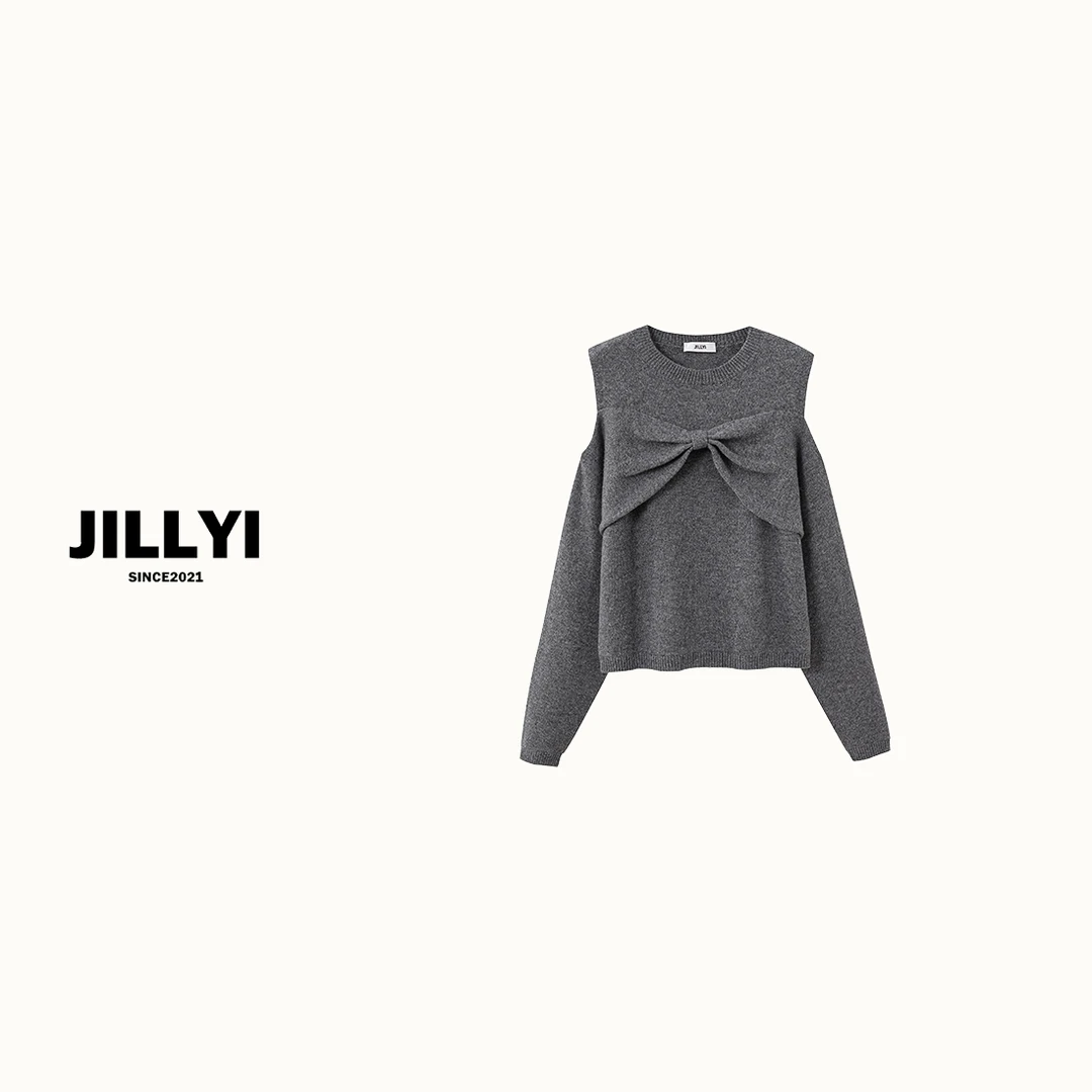 jillyi【蝴蝶画报】灰色圆领胸前大蝴蝶结装饰砍袖辣妹风针织衫
