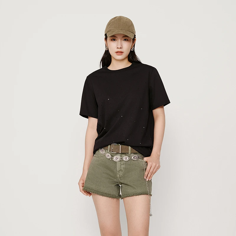 HPLY荷比俪2025秋新款女圆领简约大方宽松通勤舒适T恤HYF32620125