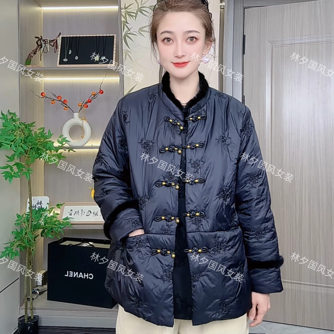 冬季水貂毛拼接刺绣女装棉服新中式大码女装上衣棉衣中国风重工