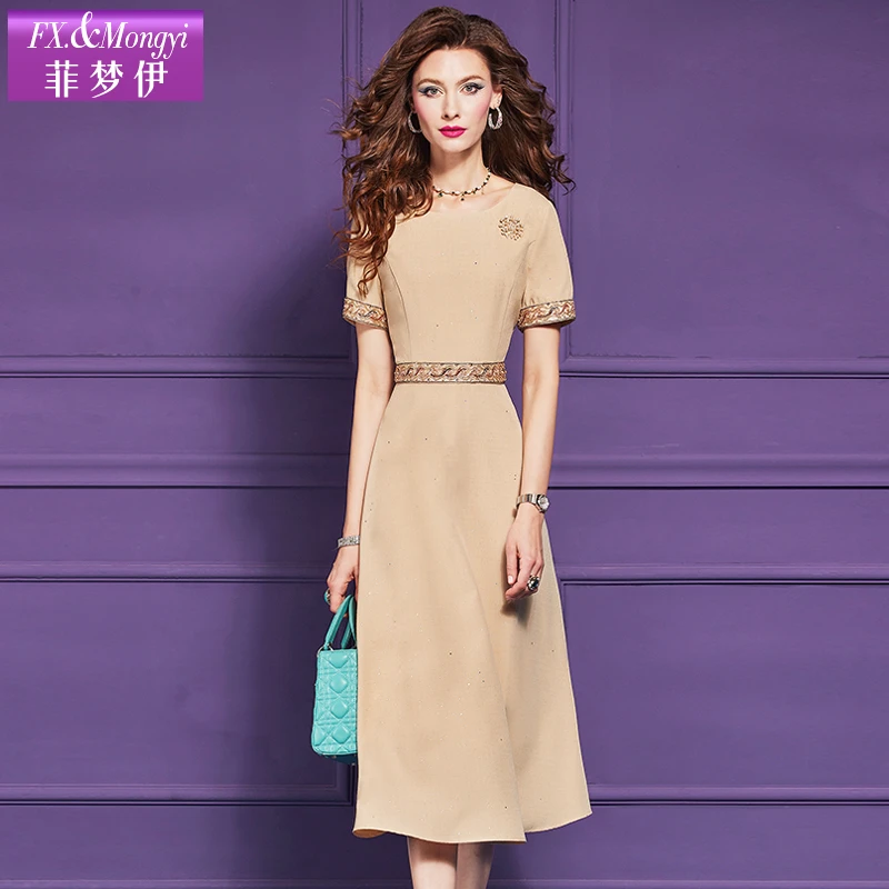 菲梦伊夏季新款气质通勤高级感重工钉珠收腰短袖中长连衣裙65002