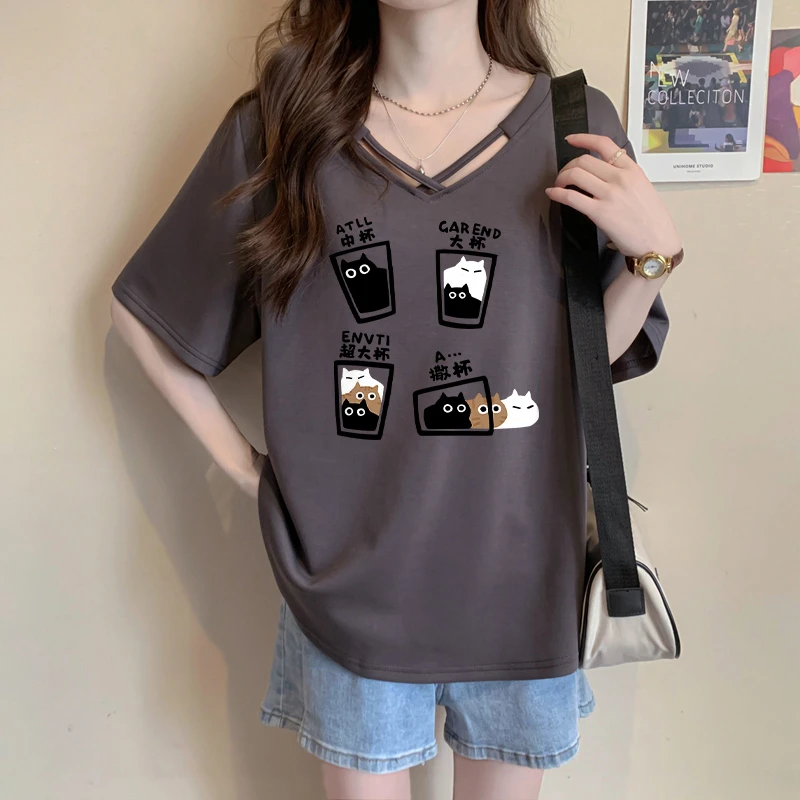 设计感卡通减龄短袖T恤夏季韩版宽松大码显瘦纯棉小个子正肩上衣