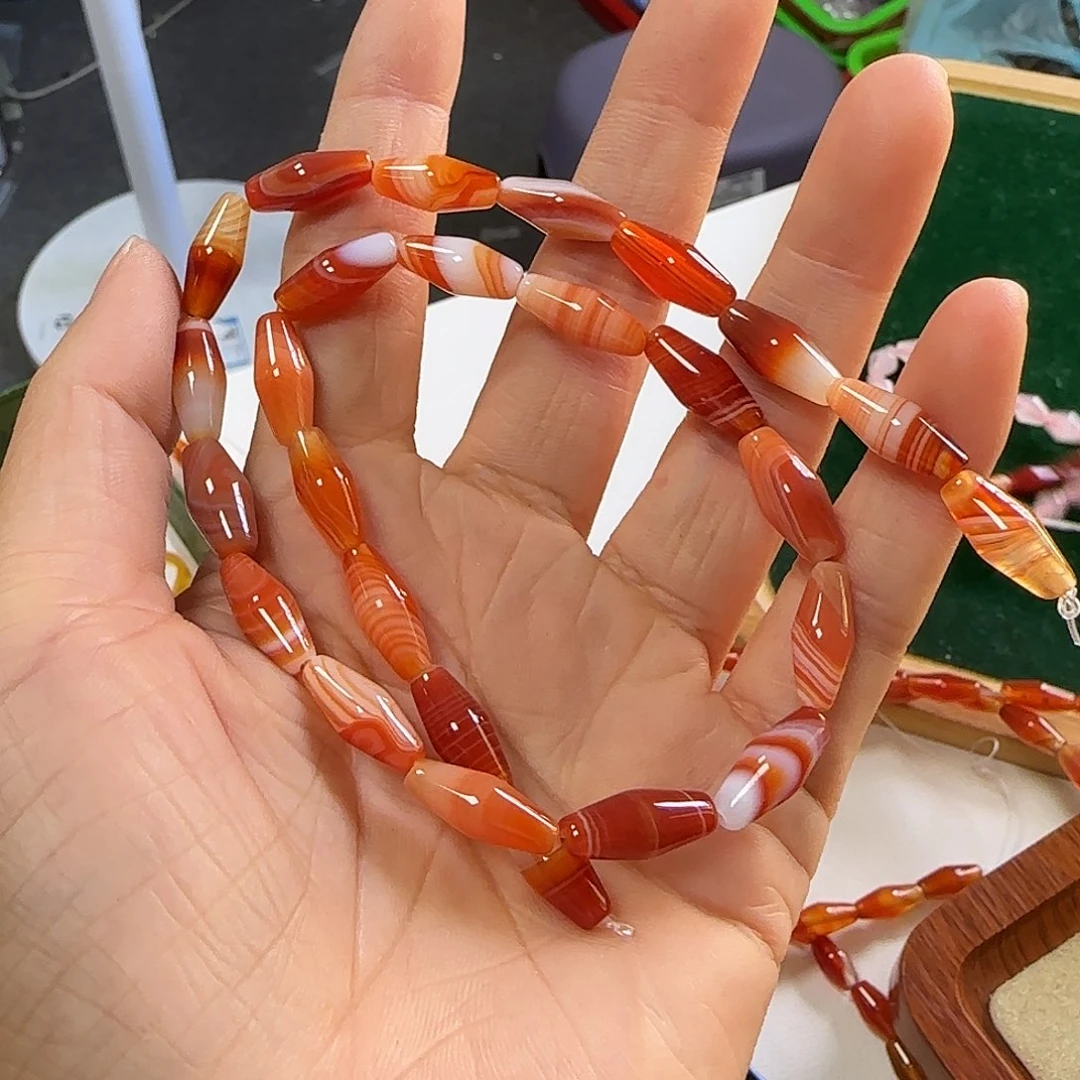 玛瑙/玉髓合金珠宝半成品缠丝红玛瑙6-14mm一条双尖