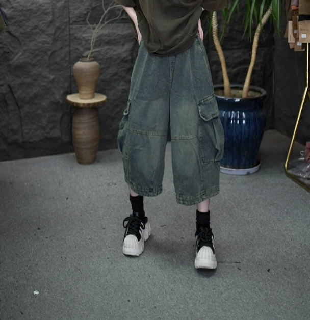 复古水洗牛仔工装口袋七分裤女夏季新款宽松休闲哈伦阔腿牛仔裤