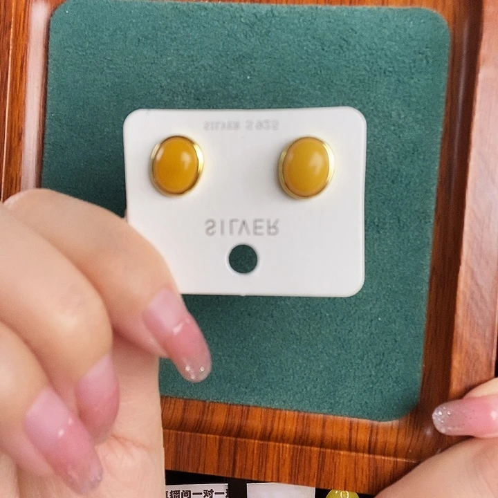 蜜蜡银S925镶嵌耳饰耳钉