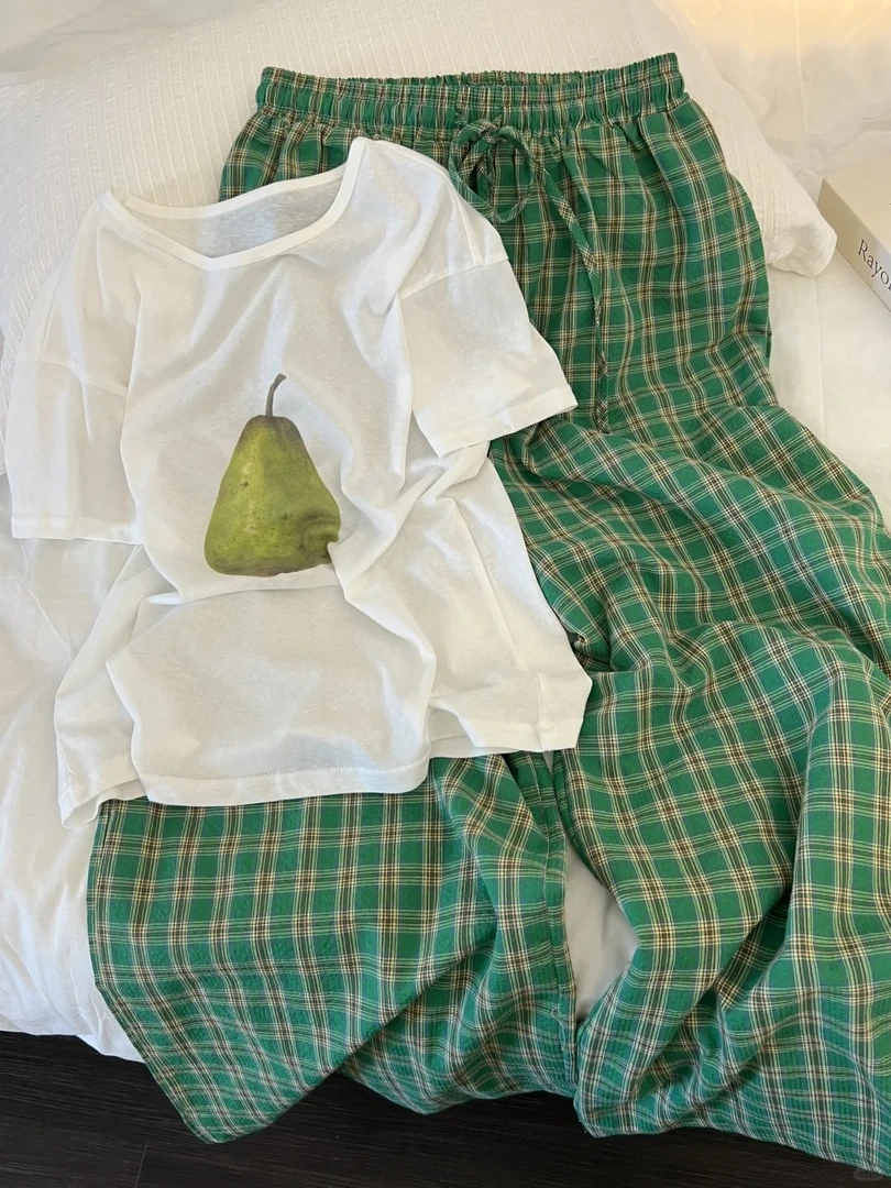 ins韩系水果印花短袖睡衣女款夏季2025新款T恤格纹长裤套装家居服