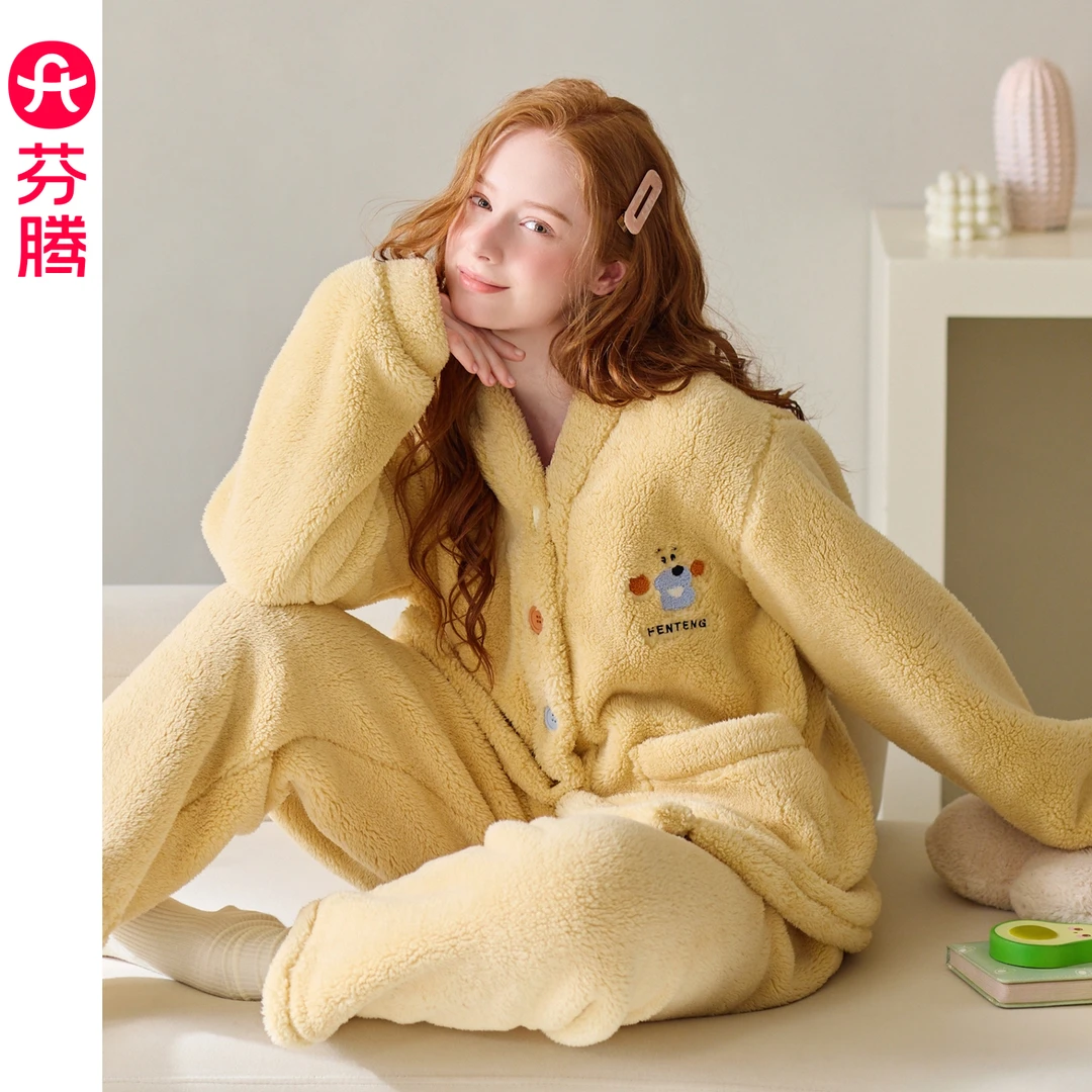 芬腾珊瑚绒睡衣女秋冬季加绒加厚法兰绒抗静电保暖大码家居服套装