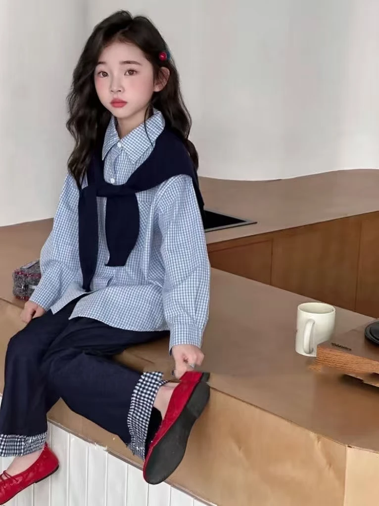 格子衬衫秋装女休闲常规休闲风套装女童三件套