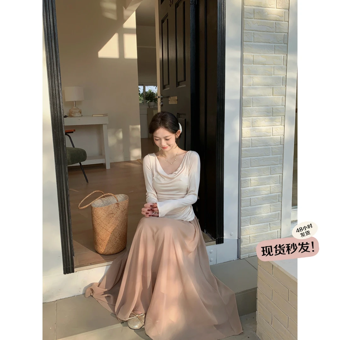 万万不熬夜【春耀惬意】早春新款温柔甜美设计感杏拼咖色连衣裙