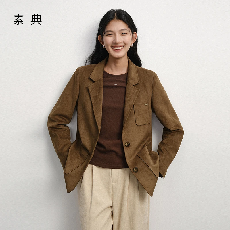 素典【榛巧剪影】美拉德仿麂皮休闲西装外套秋季时尚通勤上衣4750