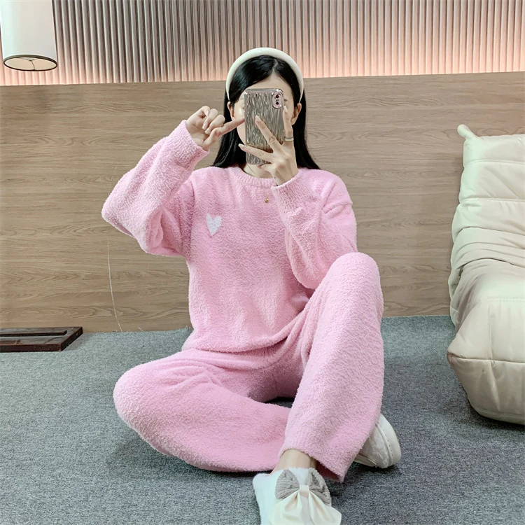 (清仓)软绵绵半边绒羽毛纱睡衣女冬季爱心款加绒加厚NN家居服
