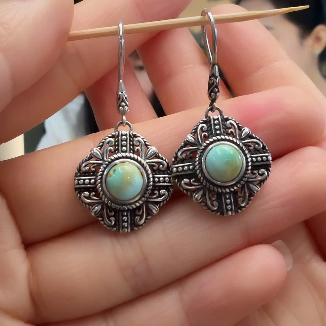 绿松石银S925镶嵌耳饰