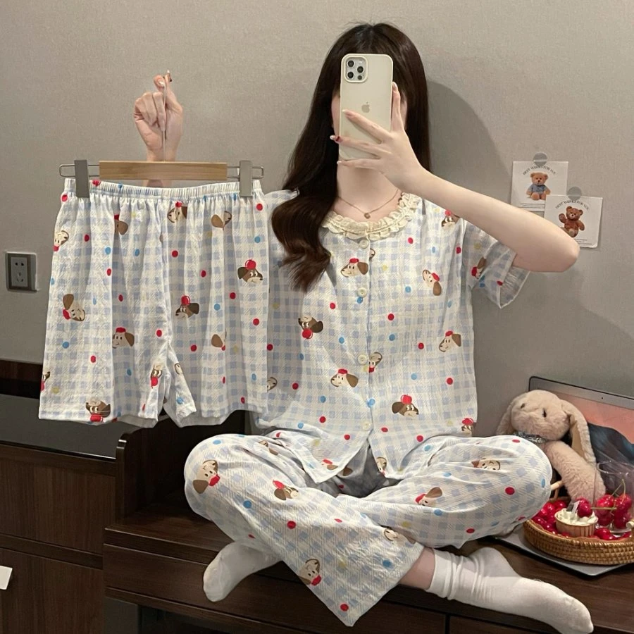 【苹果狗】春夏印花圆领花边短袖三件套带杯垫睡衣甜美透气亲肤1928