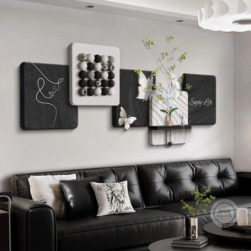 现代简约客厅装饰画高级感黑白沙发背景墙挂画立体新款大白墙壁画