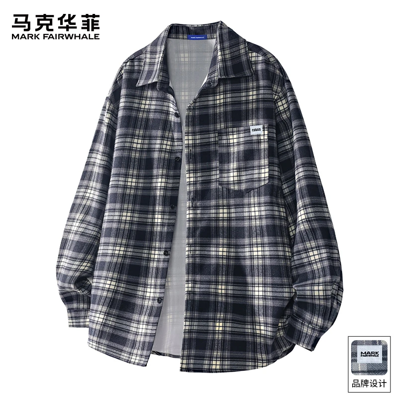 马克华菲美式格子长袖衬衫男士秋季新款潮牌宽松翻领百搭衬衣外套