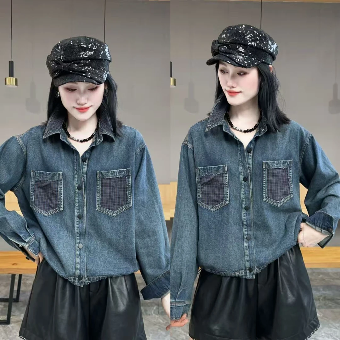 【YJ·高定】2025早秋新款宽松百搭显瘦复古长袖牛仔衬衫女   YY3194