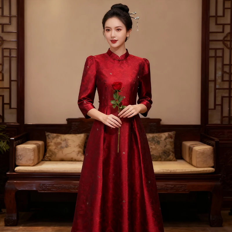 正红色祥云喜妈妈旗袍改良版连衣裙秋季新款提花日常长款268095