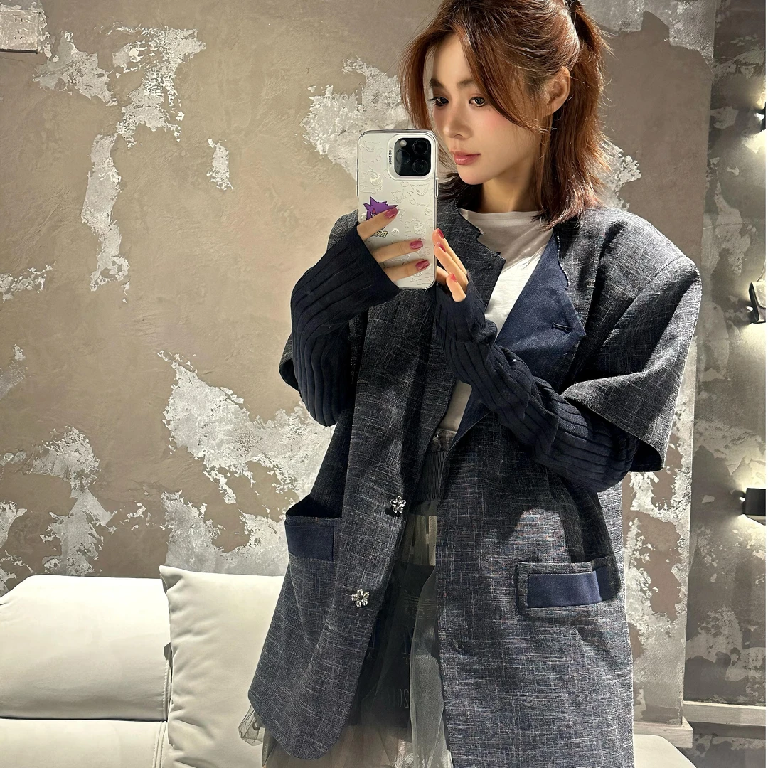 潇潇【英伦国度】灰蓝撞色西装打底假两件外套春款南油高定设计春季