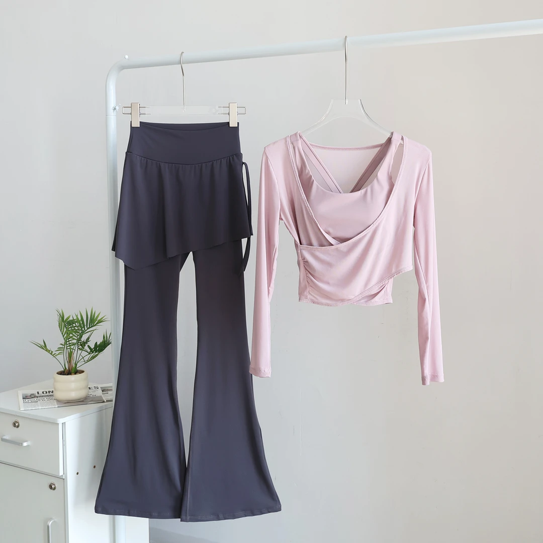 瑜伽服套装网红甜美健身三件套网纱罩衫高腰收腹九分裤运动长袖女