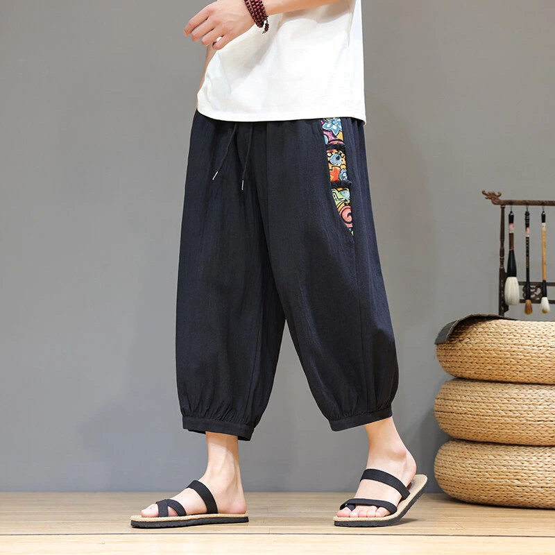 七分裤男款透气外穿短裤夏季薄款新中式盘扣中国风印花宽松哈伦裤