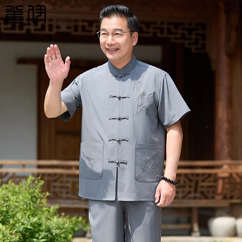 中老年唐装男士夏装爸爸短袖国风衣服爷爷装夏季薄款衬衫套装休闲
