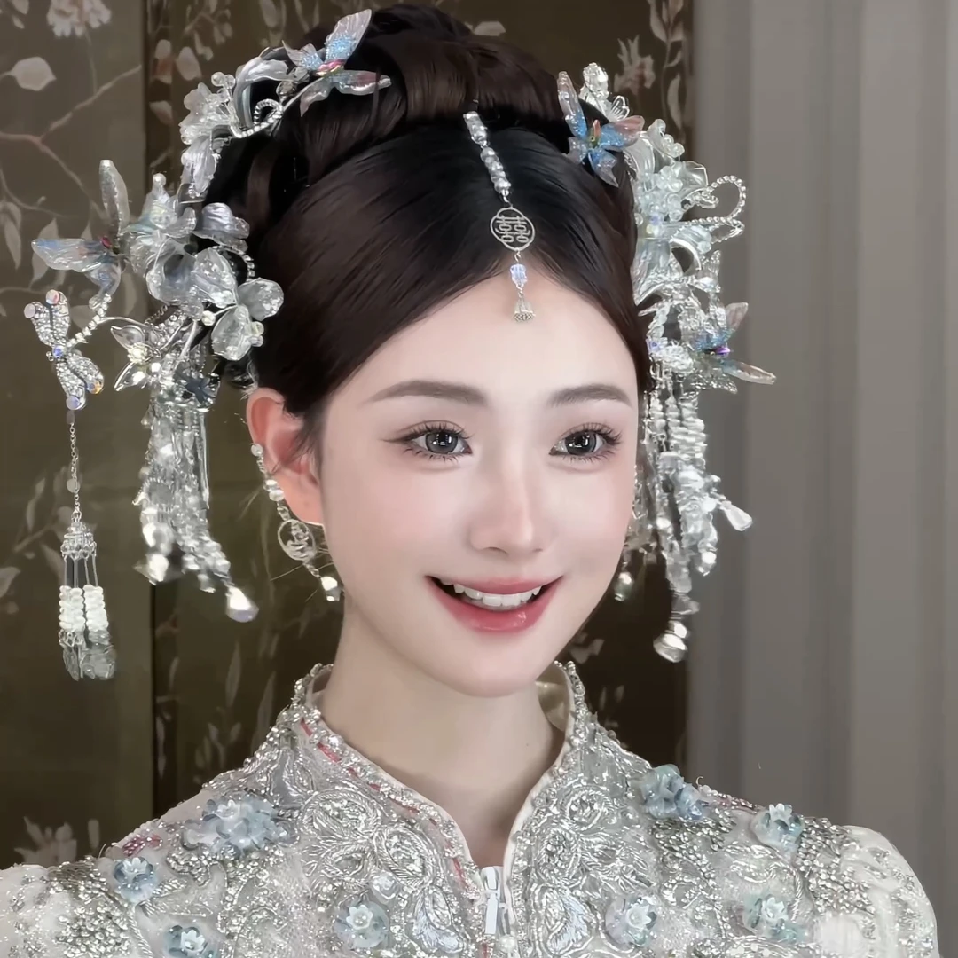 君心家 g2xs重工银色淡蓝水晶不对称发钗后压额饰十件套新娘饰品