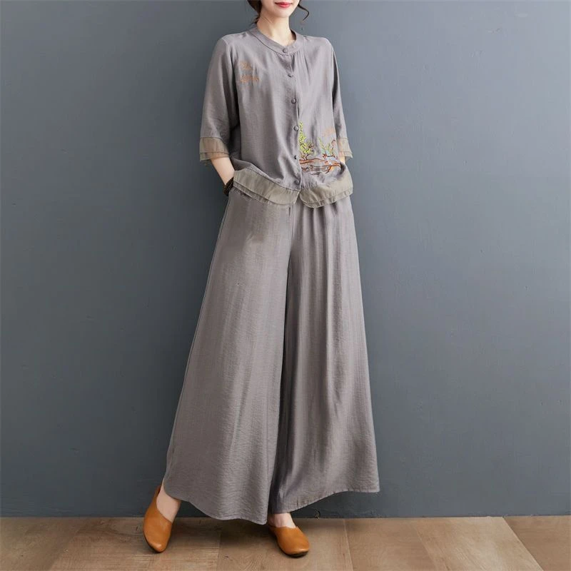 店铺民族套装苎麻衣裤夏季棉麻开衫新中式刺绣妈妈阔腿裤宽松两件