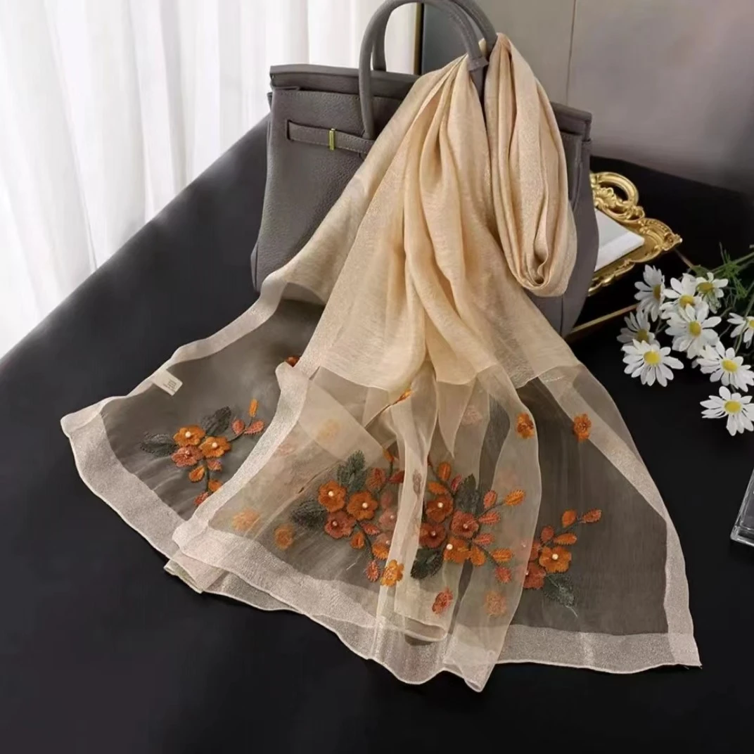 C21【海棠花香槟色】刺绣海棠花羊毛香槟色百搭围巾女士时尚高档