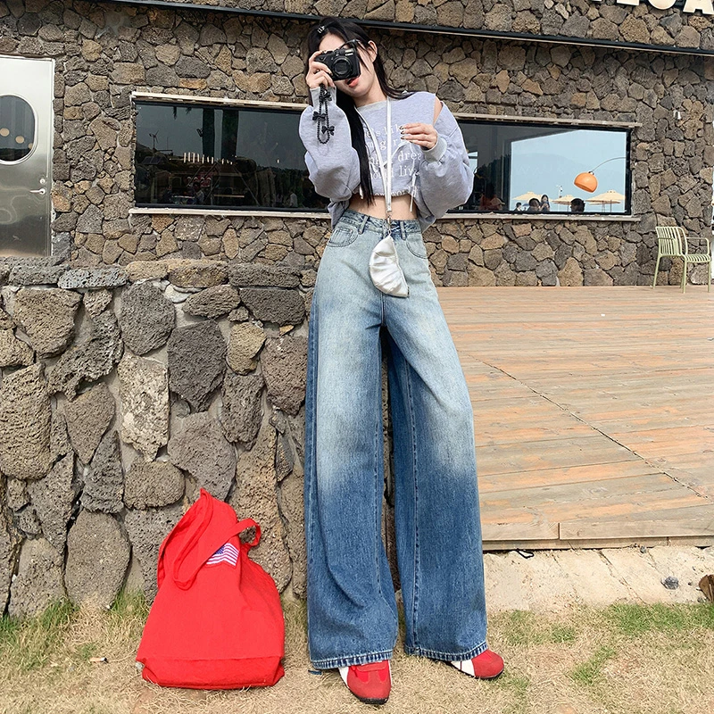 美式复古阔腿裤女潮流宽松直筒显瘦高腰牛仔裤女时尚渐变百搭长裤